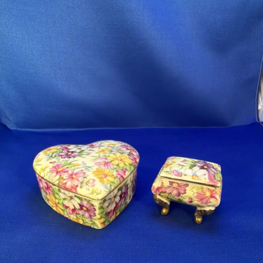 Mid-Century Chintz Lustre Floral Footed Miniature Footed Box & Heart Trinket Box